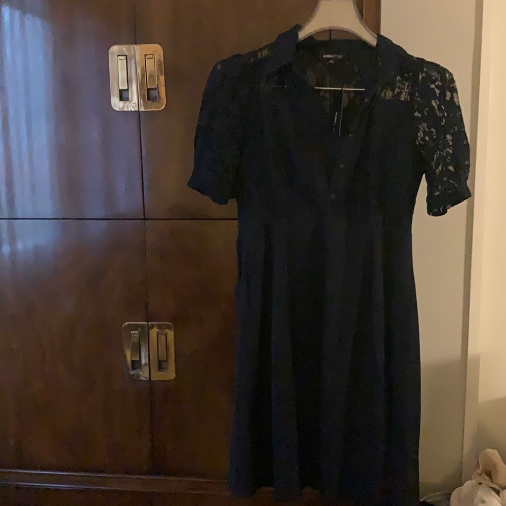 Navy blue lace top satin like skirt dress